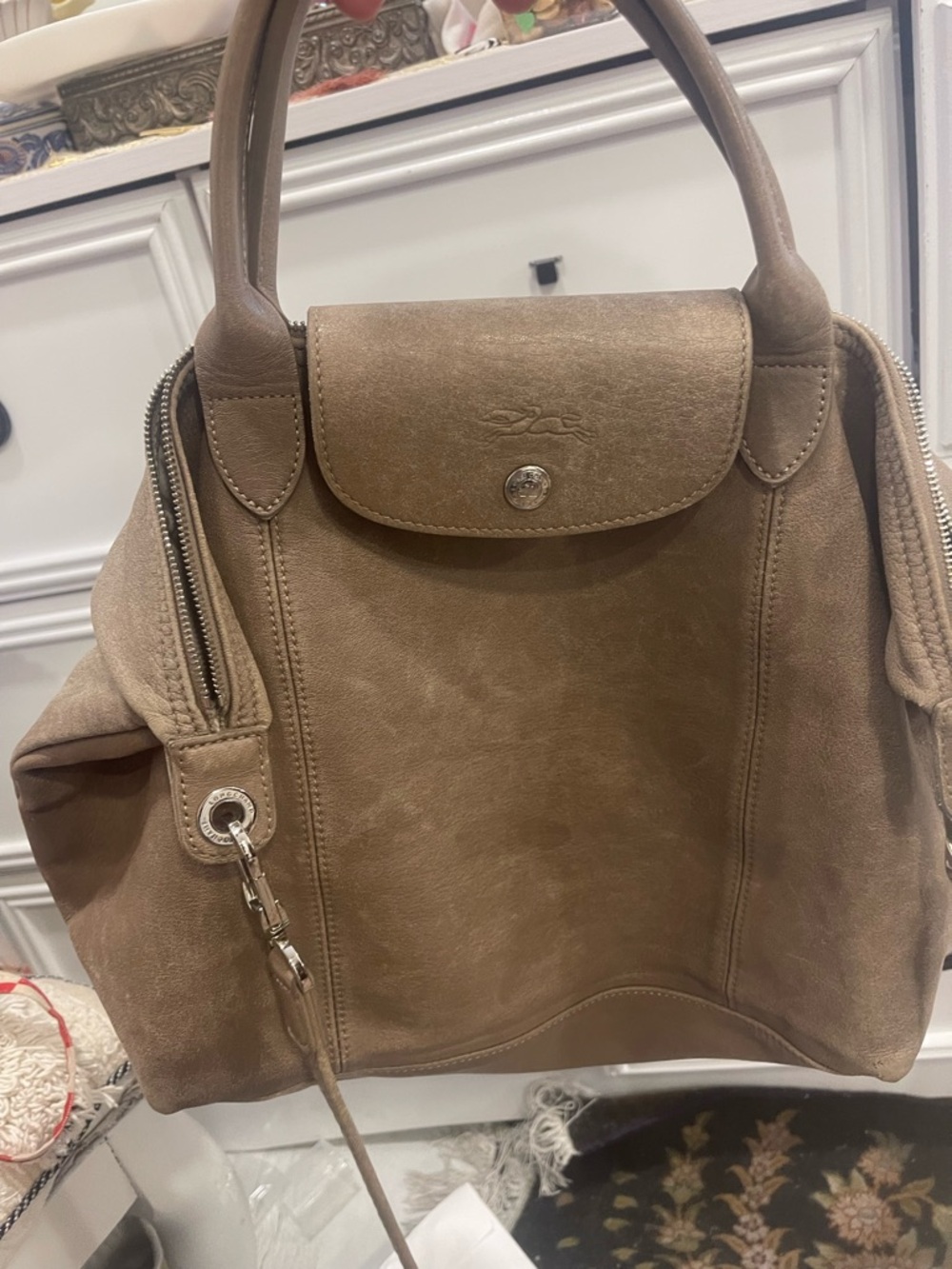 Longchamp Taupe Leather Tote with Top Handles medium size